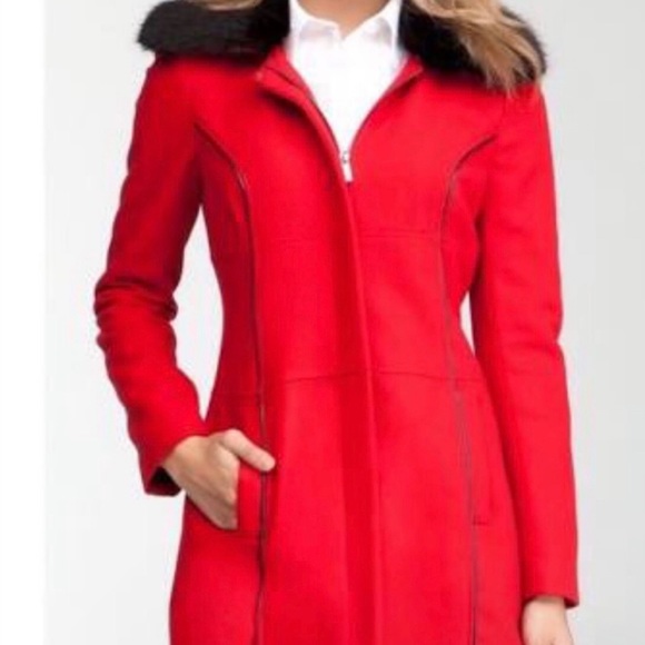 Bebe XS red knee length coat with black fur and leather trim detail - Picture 4 of 4